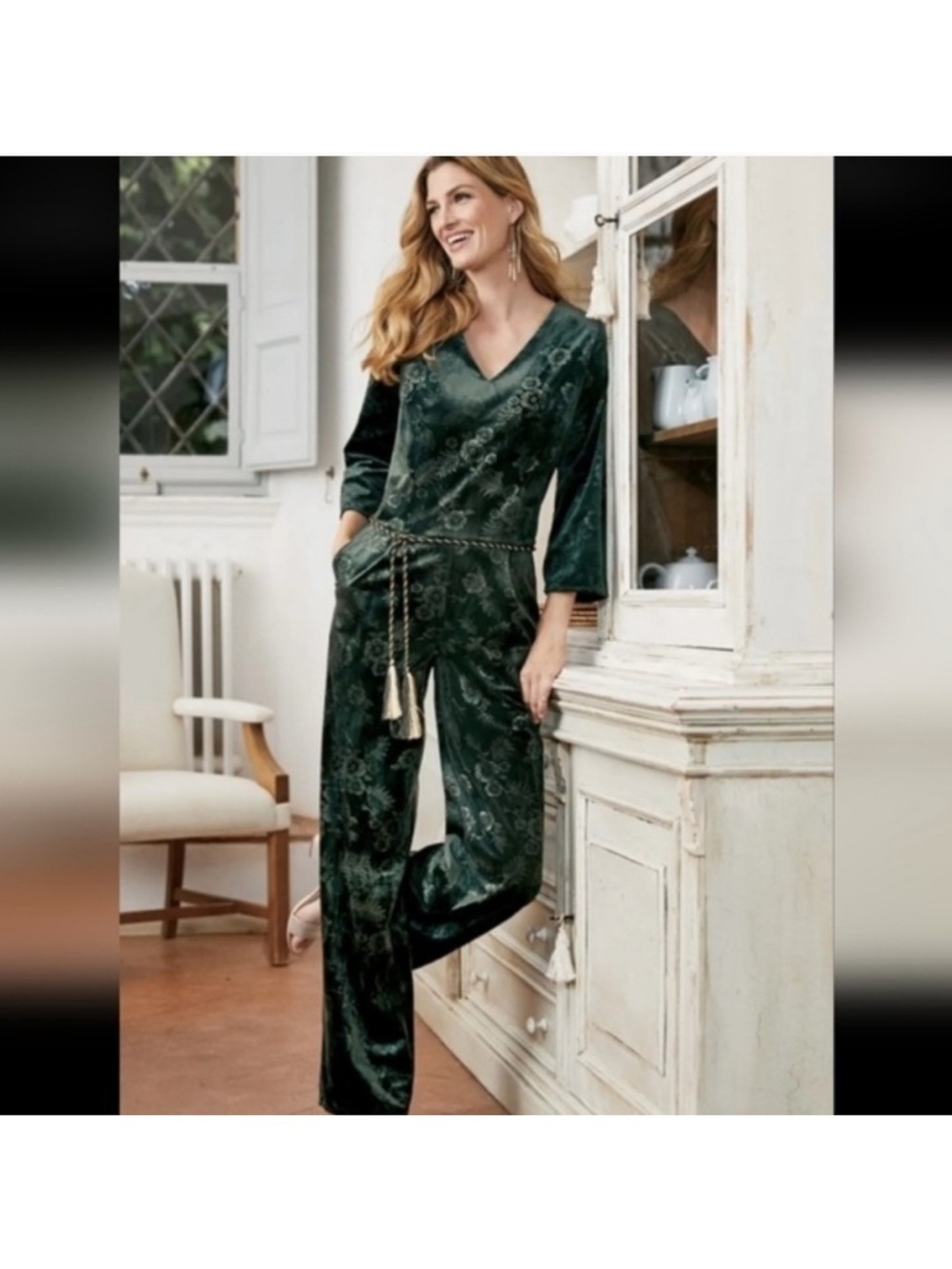 Soft Surroundings Leelah Rich green velvet floral embossed jumpsuit size PM NWOT